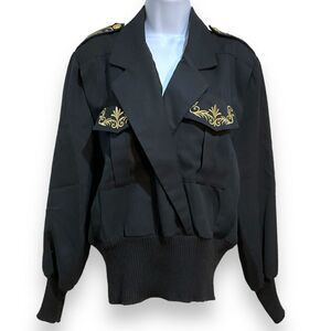 90s Statement Bomber Jacket Top Black Gold Military Inspired Epaulettes M